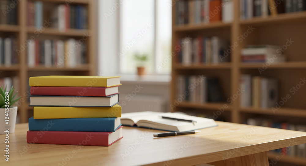 Stack of colorful books on a wooden table in a library, representing education and study Stack of colorful books on a wooden table in a library, representing education and study