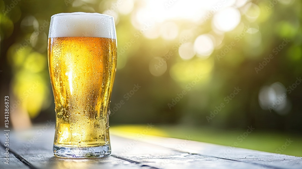 A close-up of a frosty glass of lager beer, with condensation on the outside and a bright summer background.