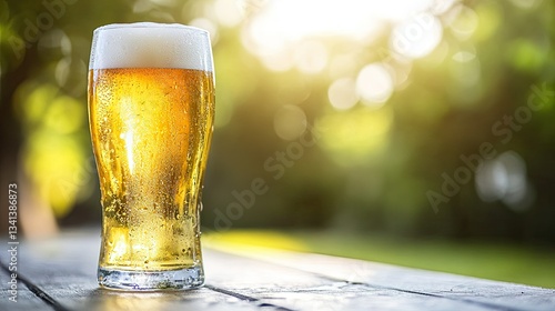 Obraz na płótnie A close-up of a frosty glass of lager beer, with condensation on the outside and a bright summer background. w salonie