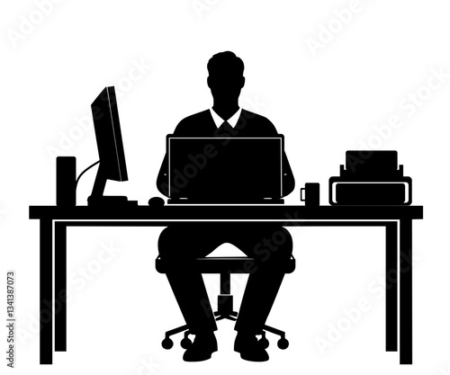 silhouette of a man working on laptop, businessman work on laptop