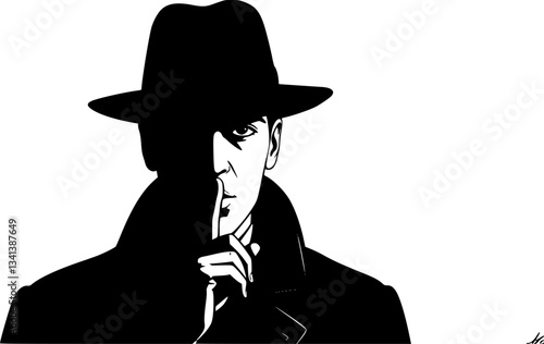 vector silhouette of a man in a hat shows a finger sign to be silent on a white background .Generative AI
