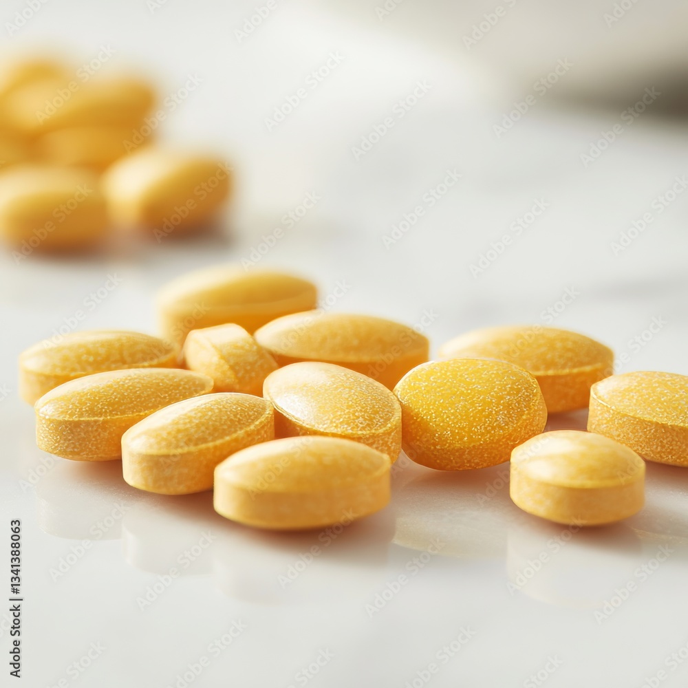 Close-up of round yellow vitamin pills on a white table. Close-up of round yellow vitamin pills on a white table.