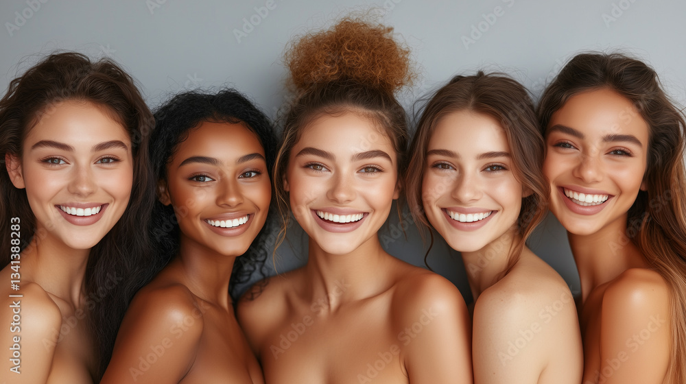 Group of diverse women smiling together in natural beauty concept on a neutral background. Group of diverse women smiling together in natural beauty concept on a neutral background.