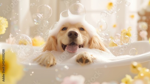 Golden retriever dog happily taking a bubble bath surrounded by foam, bubbles, and flowers.