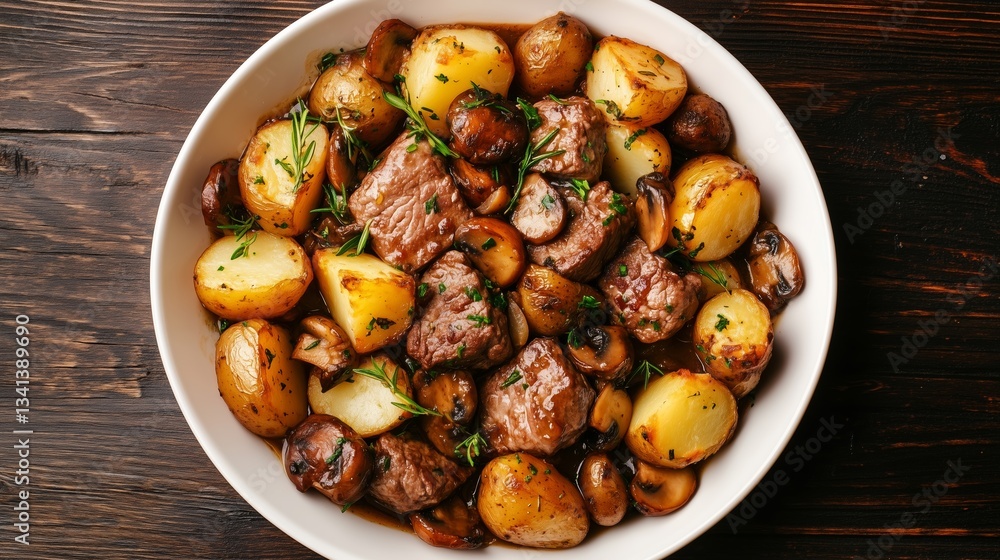 Savory beef stew with roasted potatoes and mushrooms served in a white bowl on a rustic wooden table. Savory beef stew with roasted potatoes and mushrooms served in a white bowl on a rustic wooden table.