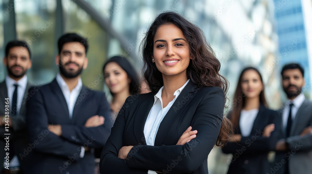 indian businesswoman standing confidently with staff on background indian businesswoman standing confidently with staff on background
