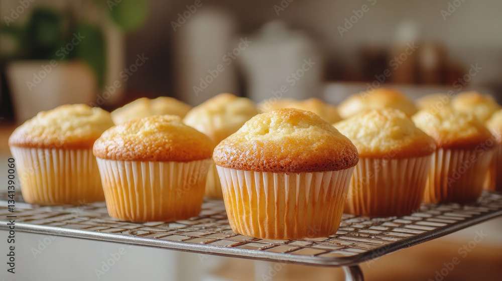 Freshly baked cupcakes cooling on a wire rack, showcasing their golden tops and fluffy texture in a warm kitchen setting. Freshly baked cupcakes cooling on a wire rack, showcasing their golden tops and fluffy texture in a warm kitchen setting.