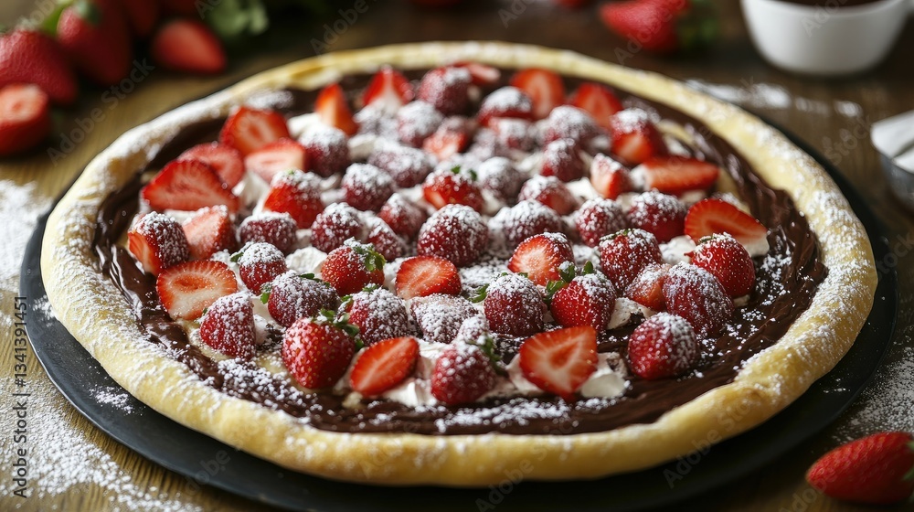 A creative dessert pizza topped with Nutella, fresh strawberries, and powdered sugar on a golden crust. A creative dessert pizza topped with Nutella, fresh strawberries, and powdered sugar on a golden crust.