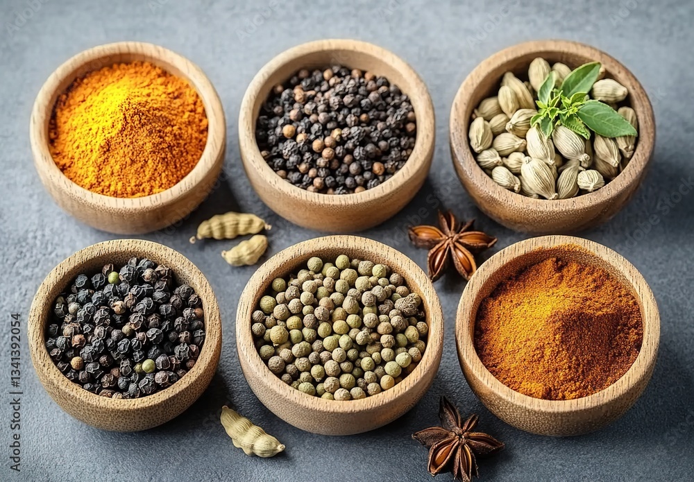 A collection of bowls filled with various spices including turmeric, cardamom and cumin on grey background. A collection of bowls filled with various spices including turmeric, cardamom and cumin on grey background.