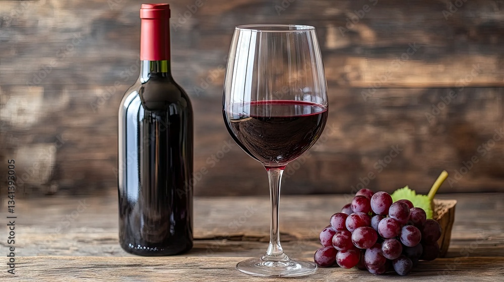 Obraz premium A freshly poured glass of red wine, with a bottle of vintage Italian wine in the background and a rustic wooden table.