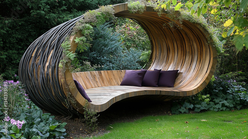 Unique garden bench with organic design, surrounded by lush greenery and flowers