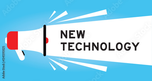 Color megaphone icon with word new technology in white banner on blue background