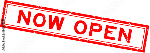 Grunge red now open word square rubber seal stamp on white background