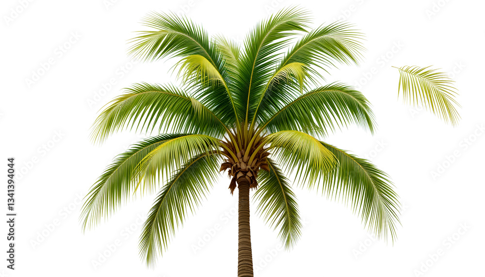 Naklejka premium A Vibrant Tropical Coconut Palm Tree Swaying Gently In A Summer Breeze Against A Bright Isolated on Transparent Background, Showcasing Lush Green Fronds And A Sturdy Brown Trunk