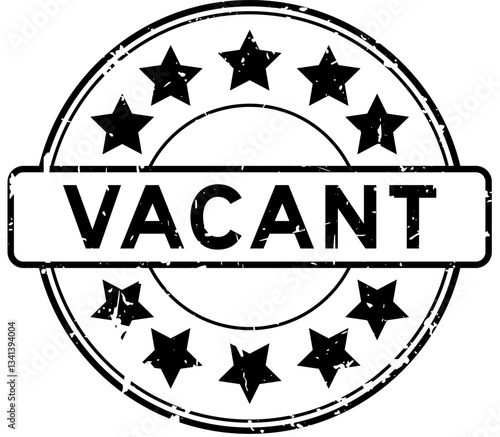 Grunge black vacant word with star icon round rubber seal stamp on white background