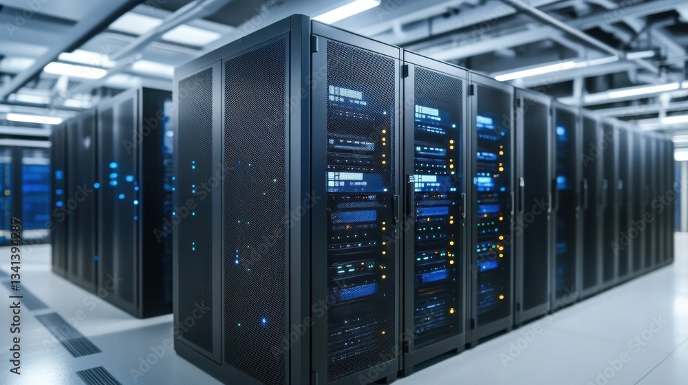 Modern data center with rows of powerful computer servers. Modern data center with rows of powerful computer servers.