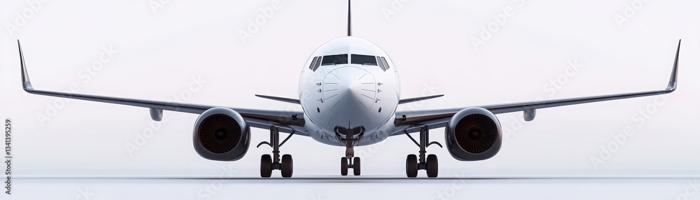 Naklejka premium A sleek, white airplane is shown head-on, with wings extended, ready for takeoff against a minimalistic, pale background.
