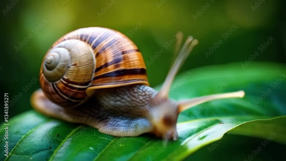 A small brown and white snail is resting on a leaf. Smooth repeating motion for background video animation. A small brown and white snail is resting on a leaf. Smooth repeating motion for background video animation.