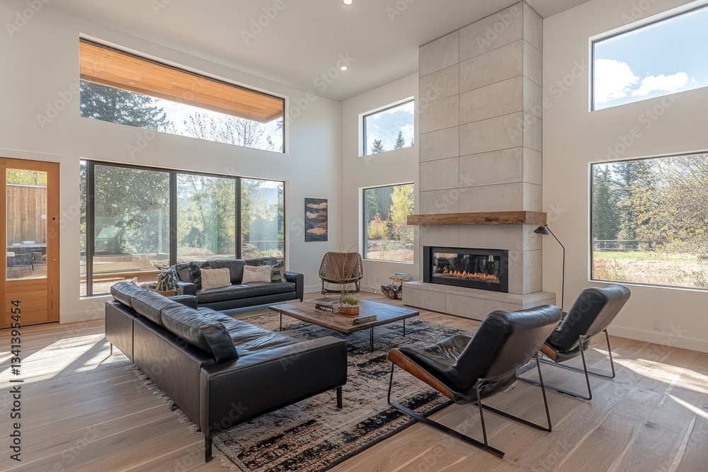 Fototapeta premium An expansive modern living room with a beautiful natural view