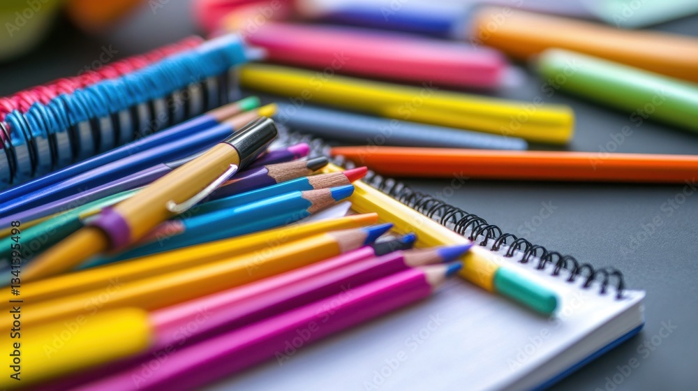Notebook with artistic doodles, surrounded by colorful pens and creative inspiration notes. Notebook with artistic doodles, surrounded by colorful pens and creative inspiration notes.