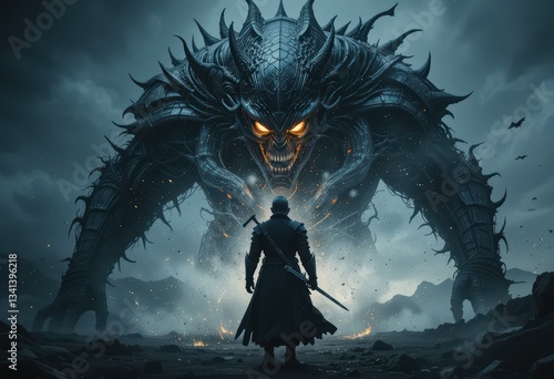 knight with sword fighting a monster