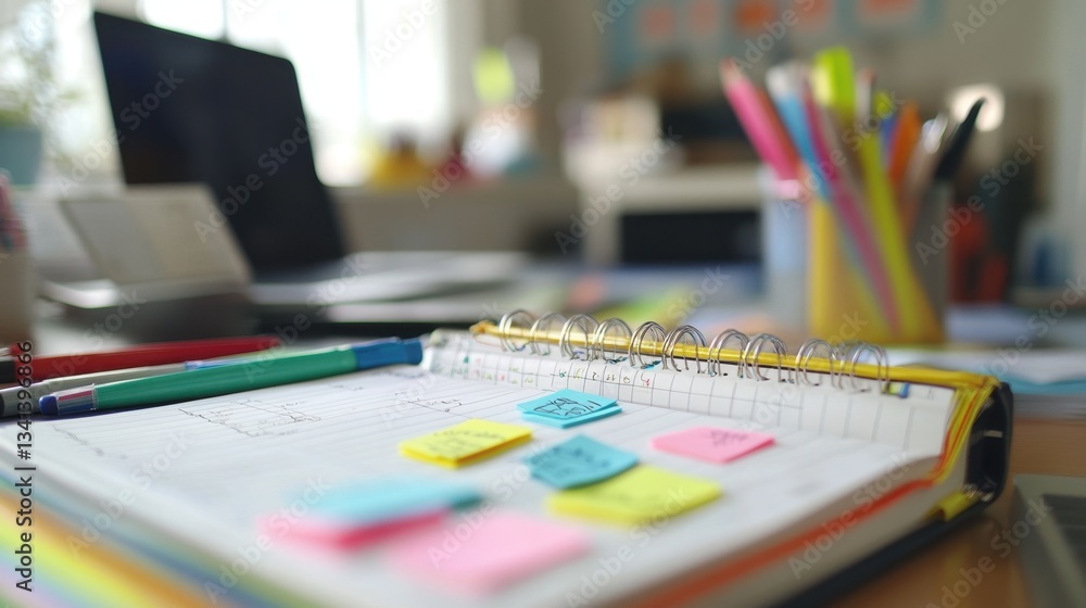 Fototapeta premium Notebook with colorful sticky notes, a highlighter, and a neat handwriting planner on a desk.