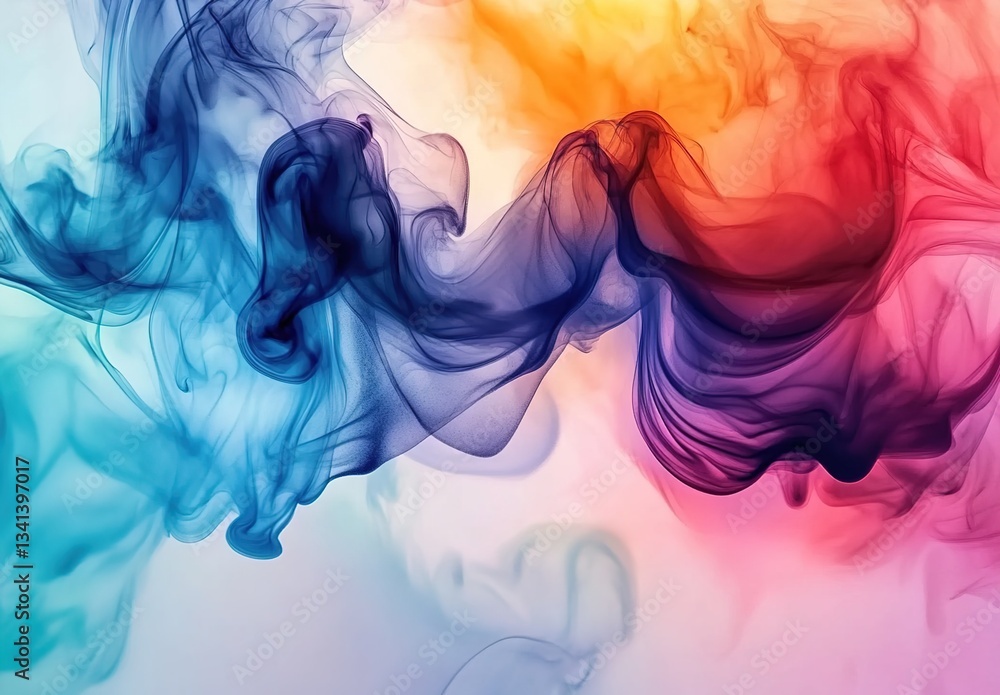 Fototapeta premium Colorful smoke in shades of orange, red, purple, and blue swirling and blending in mid - air against a soft, gradient background, creating an abstract and dynamic visual.