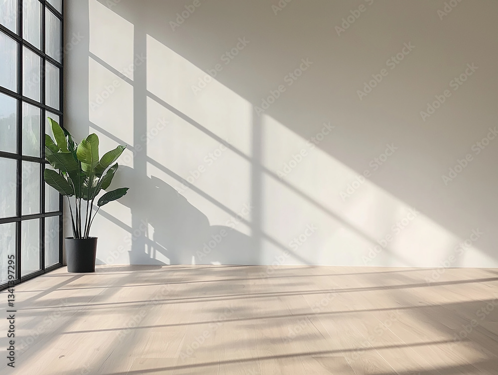 Obraz premium An empty concrete room with sunlight streaming in, casting bold shadows on the walls, creating a peaceful and modern minimalist background.