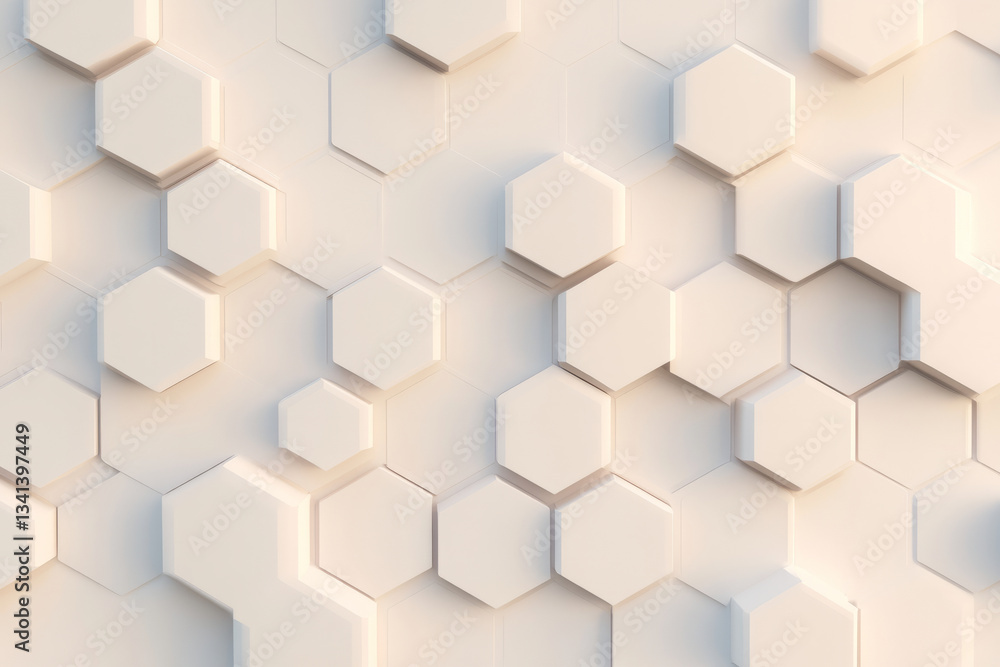 Fototapeta premium A minimalist 3D background with soft, matte hexagons arranged in a subtle, repetitive pattern on a pale background. Delicate shadows and gentle ambient light create a serene and calming visual, ideal
