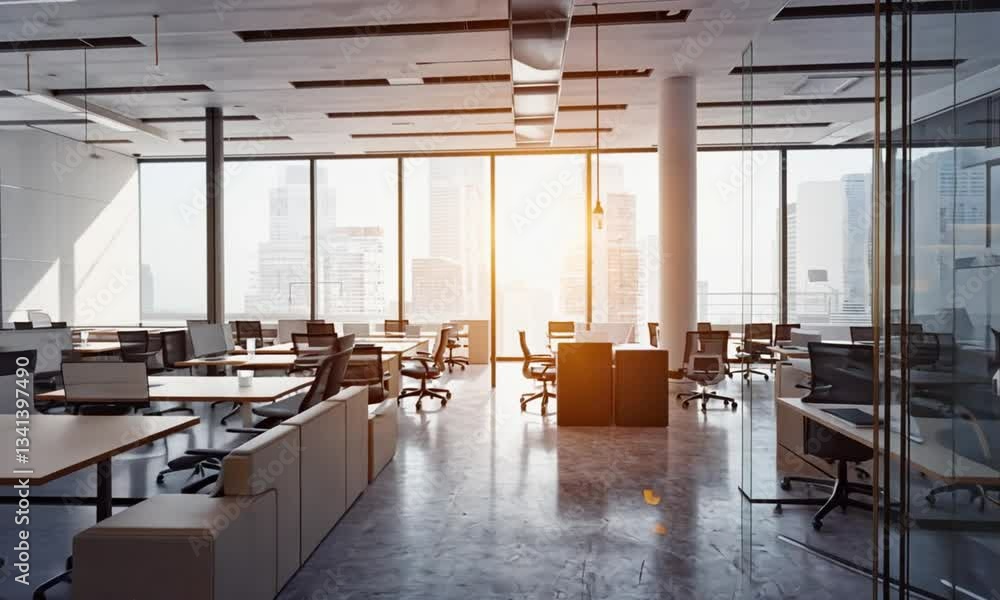 A spacious open office area with abundant natural light, contemporary design, and neatly arranged workstations. A spacious open office area with abundant natural light, contemporary design, and neatly arranged workstations.