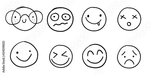Crayon charcoal face emotion customer satisfaction survey service doodle faces set. Happy angry avatar sketches