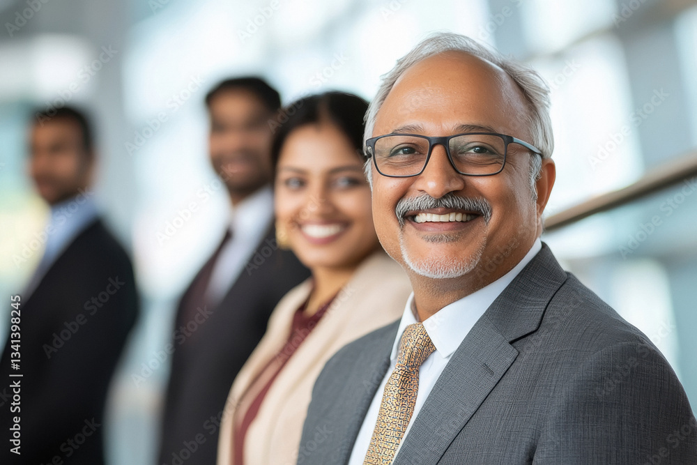 Smiling Indian business team led by a senior leader in a modern office indoor Smiling Indian business team led by a senior leader in a modern office indoor