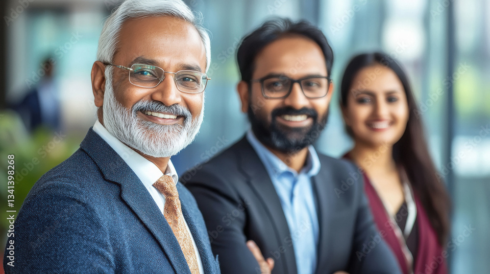Smiling Indian business team led by a senior leader in a modern office indoor Smiling Indian business team led by a senior leader in a modern office indoor