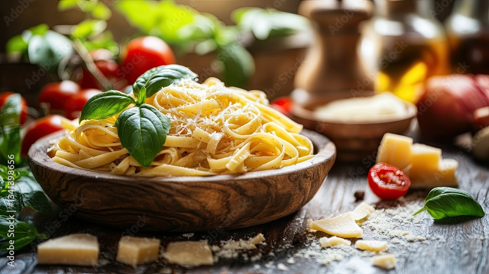 A rustic wooden table filled with traditional Italian pasta dishes, fresh basil, and parmesan cheese, with a cozy trattoria background.