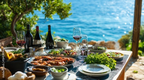 A scenic outdoor dining table on the Mediterranean coast, set with seafood, salads, and wine.