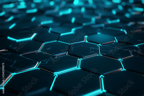 A futuristic AI-inspired 3D background with hexagonal panels connected by thin, glowing cyan lines. Some hexagons appear elevated, revealing intricate circuit details beneath them, emphasizing the
