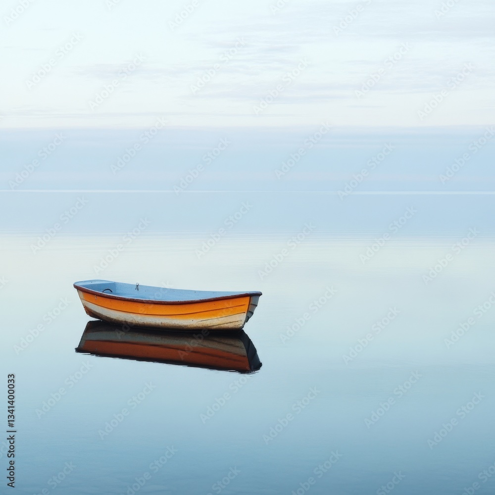 Naklejka premium Spokojny wschód słońca, mała pomarańczowo-niebieska łódka dryfuje po spokojnej wodzie, odbijając się w spokojnej tafli jeziora.