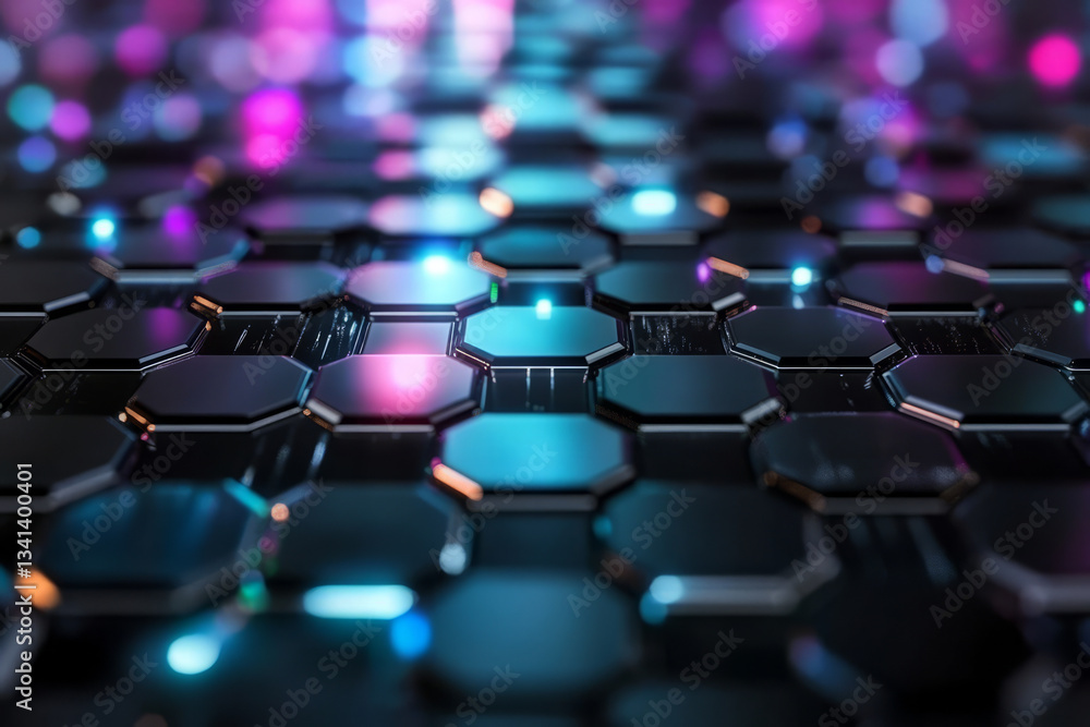 Obraz premium A cyber neon 3D background featuring hexagonal grids embedded in a black reflective surface. Each tile emits a pulsating light, transitioning between electric blue, purple, and magenta, creating a