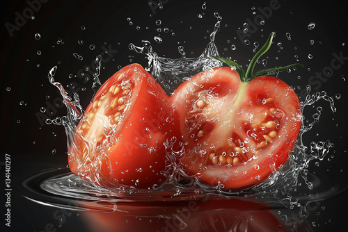 Realistic Tomato Slice with Water Splash on Dark Background
