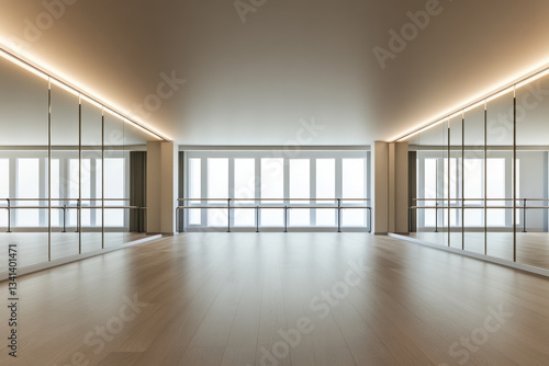 A sleek, modern dance studio 3D background room with floor-to-ceiling mirrors, polished wooden floors, and soft LED strip lighting. The minimalistic design, with ballet barres and high-tech sound