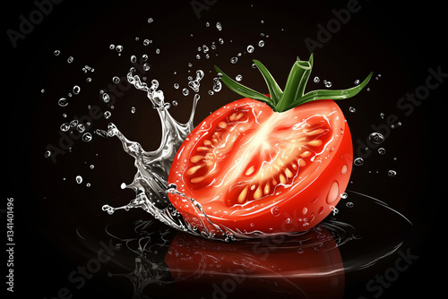 Realistic Tomato Slice with Water Splash on Dark Background