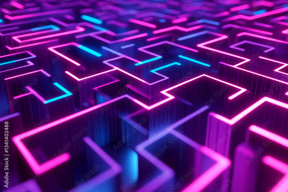 A neon cyber labyrinth where walls and pathways are composed of shifting glowing hexagons. The dynamic maze adapts in real-time, creating an ever-evolving futuristic puzzle challenge in a sci-fi A neon cyber labyrinth where walls and pathways are composed of shifting glowing hexagons. The dynamic maze adapts in real-time, creating an ever-evolving futuristic puzzle challenge in a sci-fi