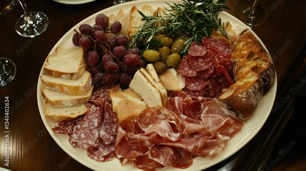 A top-down view of a gourmet Italian meat platter with aged prosciutto, salami, and artisan bread, accompanied by olives and grapes. A top-down view of a gourmet Italian meat platter with aged prosciutto, salami, and artisan bread, accompanied by olives and grapes.