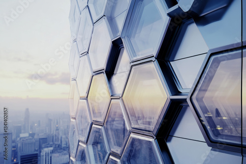 A high-tech futuristic skyscraper with hexagonal glass windows that change opacity dynamically. The AI-controlled smart building integrates self-regulating climate control and energy-efficient