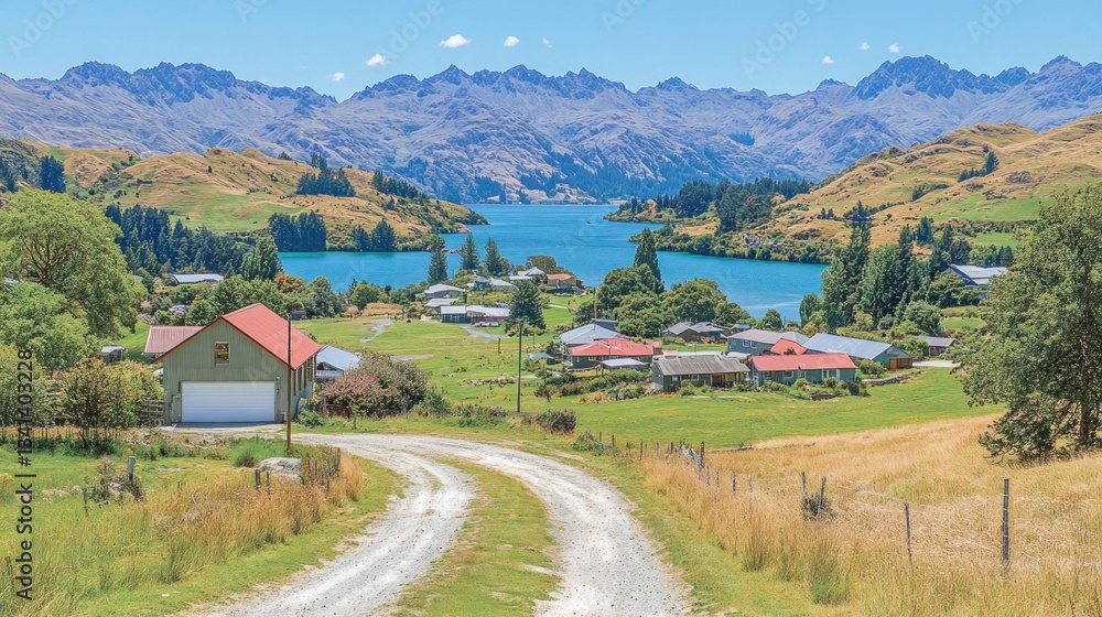 Naklejka premium Scenic rural landscape with a winding road leading to a lake village nestled between rolling hills and majestic mountains