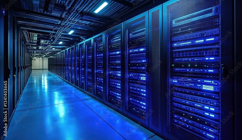 A long corridor filled with server racks on both sides, illuminated by cool blue lighting from the ceiling and the glowing lights on the servers. A long corridor filled with server racks on both sides, illuminated by cool blue lighting from the ceiling and the glowing lights on the servers.