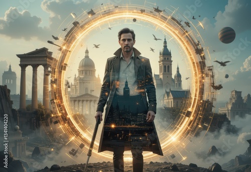 silhouette of a man time travel concept double exposure