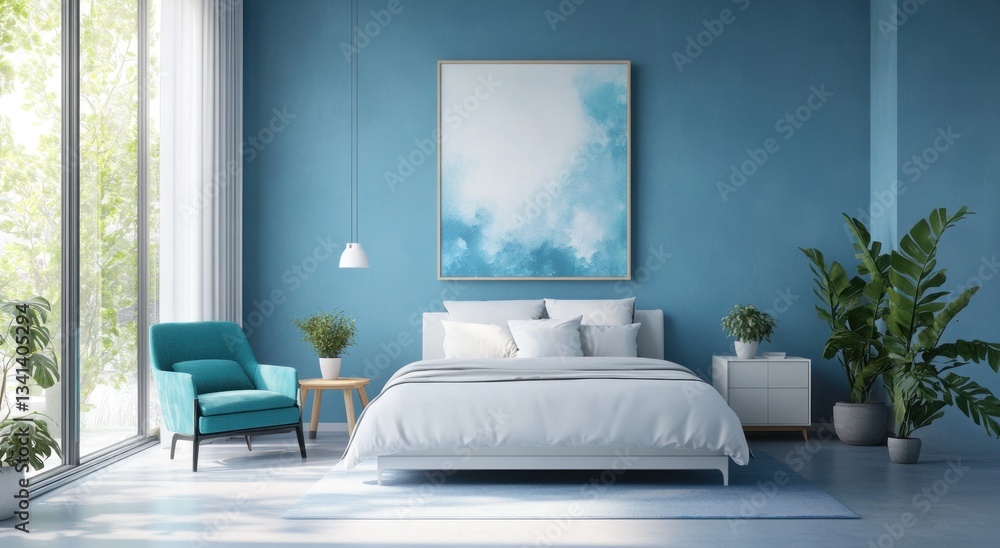 Fototapeta premium A modern bedroom interior features tranquil blue and white accents