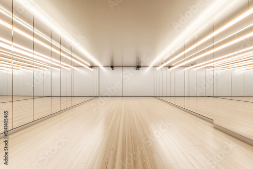 A sleek, modern dance studio 3D background room with floor-to-ceiling mirrors, polished wooden floors, and soft LED strip lighting. The minimalistic design, with ballet barres and high-tech sound