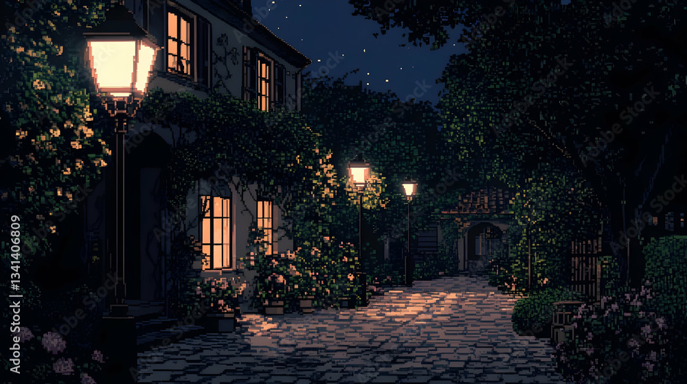 Fototapeta premium Pixelated Night Street Scene With Warm Lights And Houses